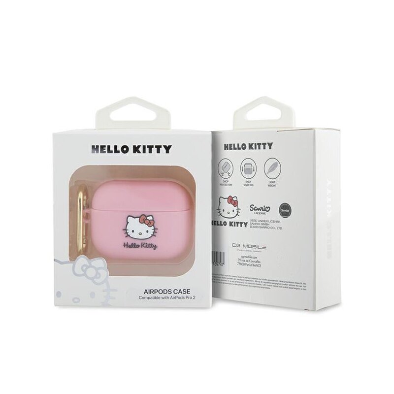 Husa AirPods Pro 2 Hello Kitty Silicone 3D Kitty Head, HKAP23DKHSP, roz