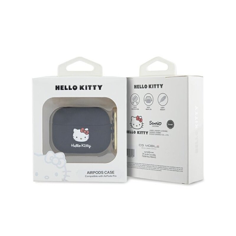 Husa AirPods Pro 1 Hello Kitty Silicone 3D Kitty Head, HKAP3DKHSK, negru