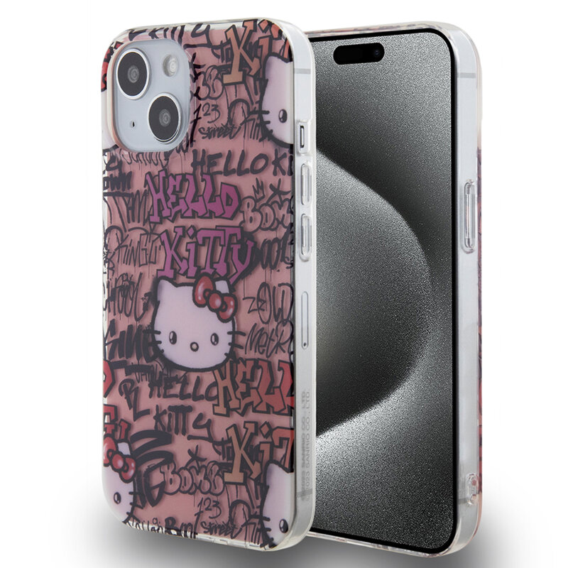 Husa Hello Kitty iPhone 15 Hardcase IML Tags Graffiti, roz, HKHCP15SHDGPTP