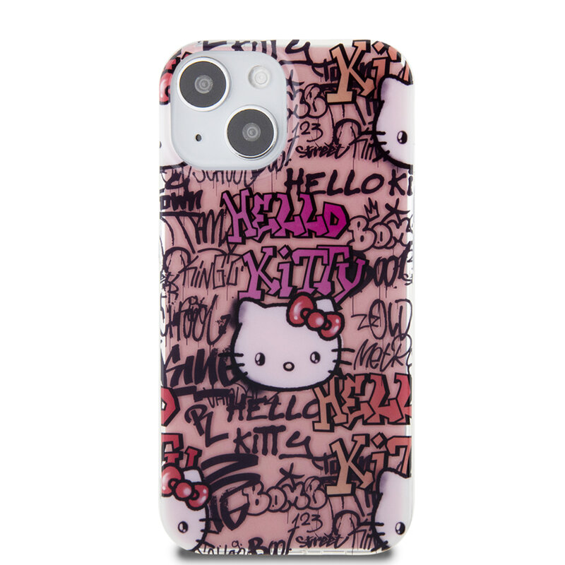 Husa Hello Kitty iPhone 15 Hardcase IML Tags Graffiti, roz, HKHCP15SHDGPTP