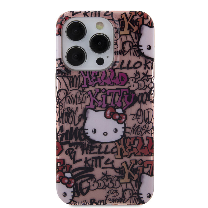 Husa Hello Kitty iPhone 14 Pro Hardcase IML Tags Graffiti, roz, HKHCP14LHDGPTP