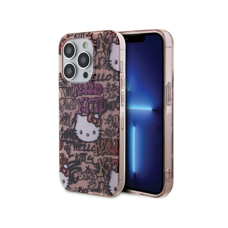 Husa Hello Kitty iPhone 15 Pro Hardcase IML Tags Graffiti, roz, HKHCP15LHDGPTP