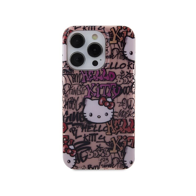 Husa Hello Kitty iPhone 15 Pro Hardcase IML Tags Graffiti, roz, HKHCP15LHDGPTP