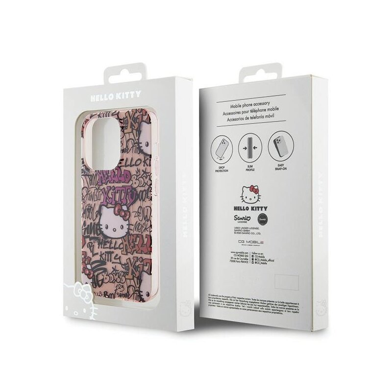 Husa Hello Kitty iPhone 15 Pro Hardcase IML Tags Graffiti, roz, HKHCP15LHDGPTP
