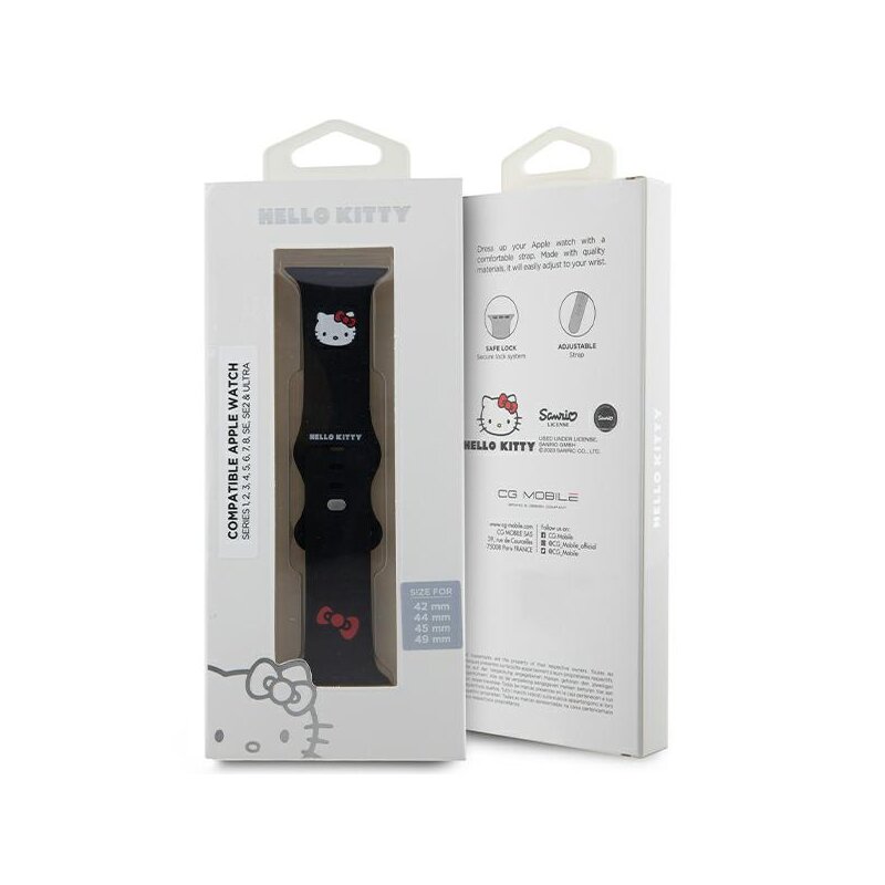 Curea Apple Watch 10 46mm Hello Kitty Strap Silicone, negru