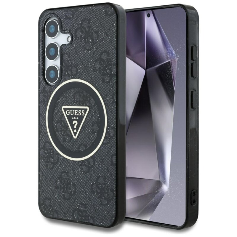 Husa Samsung Galaxy S25 originala Guess IML Metal Glitter 4G Circle Triangle MagSafe, negru, GUHMS25SHG4PRTGK