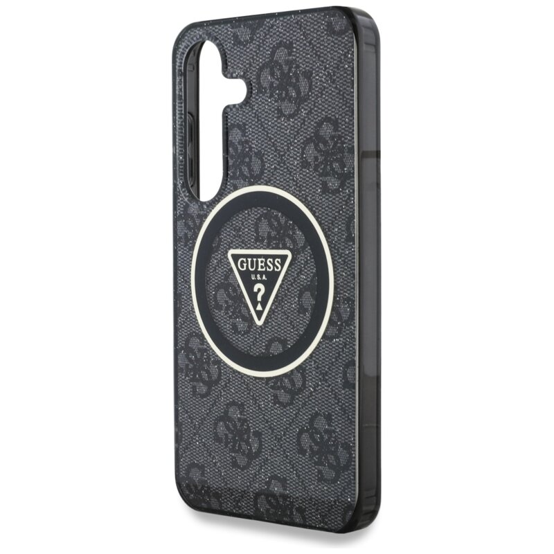 Husa Samsung Galaxy S25 originala Guess IML Metal Glitter 4G Circle Triangle MagSafe, negru, GUHMS25SHG4PRTGK