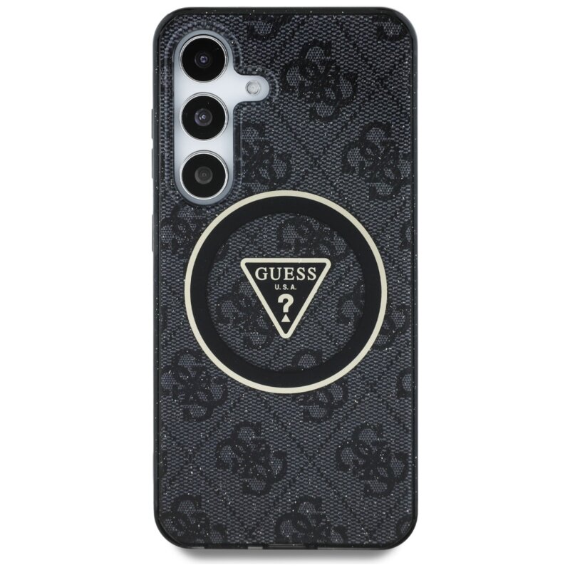 Husa Samsung Galaxy S25 originala Guess IML Metal Glitter 4G Circle Triangle MagSafe, negru, GUHMS25SHG4PRTGK