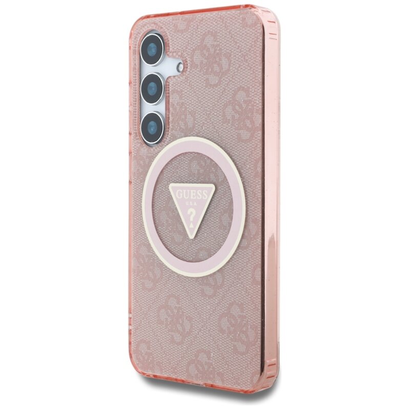 Husa Samsung Galaxy S25 originala Guess IML Metal Glitter 4G Circle Triangle MagSafe, roz, GUHMS25SHG4PRTGP