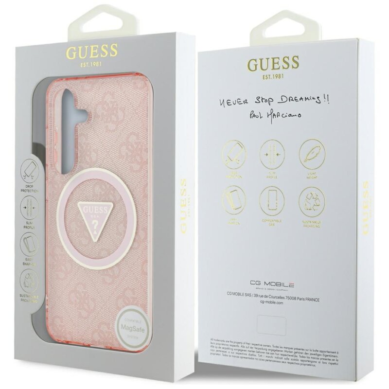 Husa Samsung Galaxy S25 originala Guess IML Metal Glitter 4G Circle Triangle MagSafe, roz, GUHMS25SHG4PRTGP