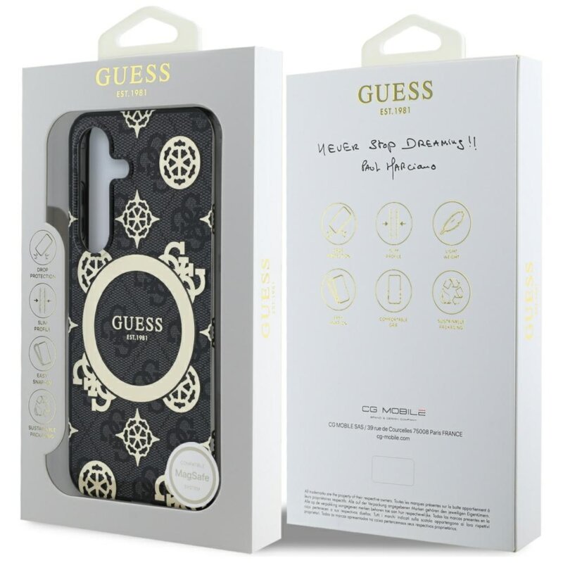 Husa Samsung Galaxy S25 originala Guess IML Peony On 4G Background MagSafe, negru, GUHMS25SH4PYEEK