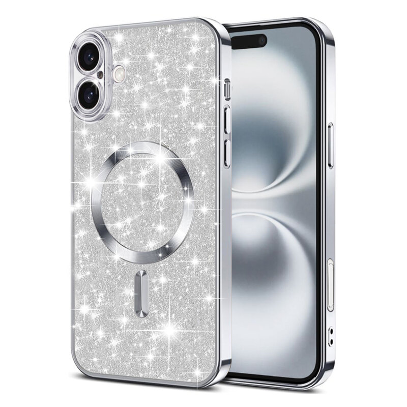 Husa premium iPhone 16 Plus Techsuit Luxury Glitter MagSafe, argintiu