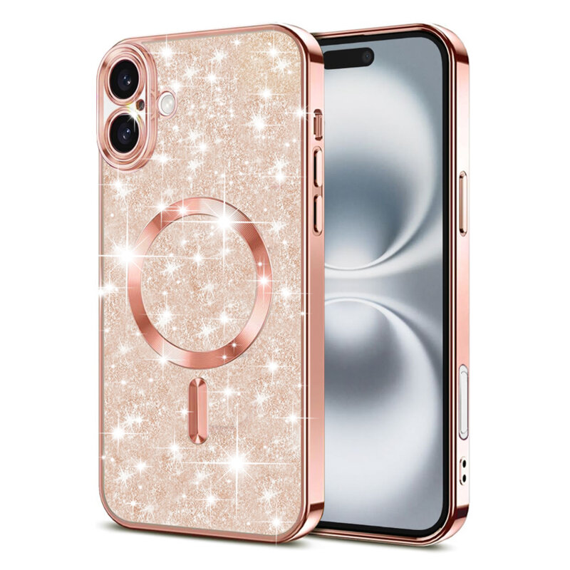 Husa premium iPhone 16 Techsuit Luxury Glitter MagSafe, roz auriu
