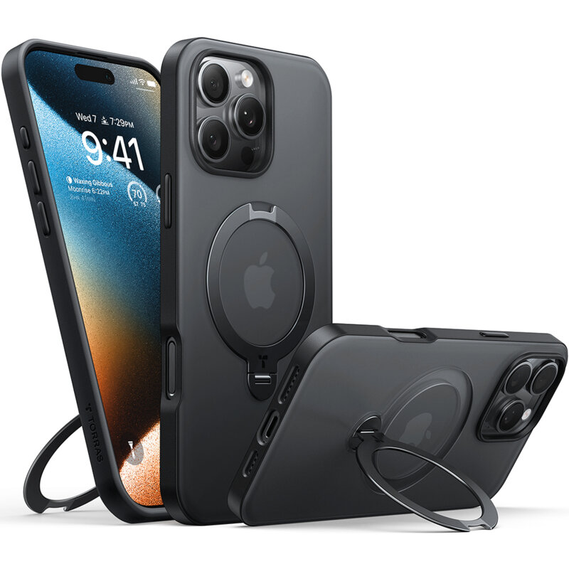 Husa iPhone 16 Pro Max Torras Ostand Spin Series, negru