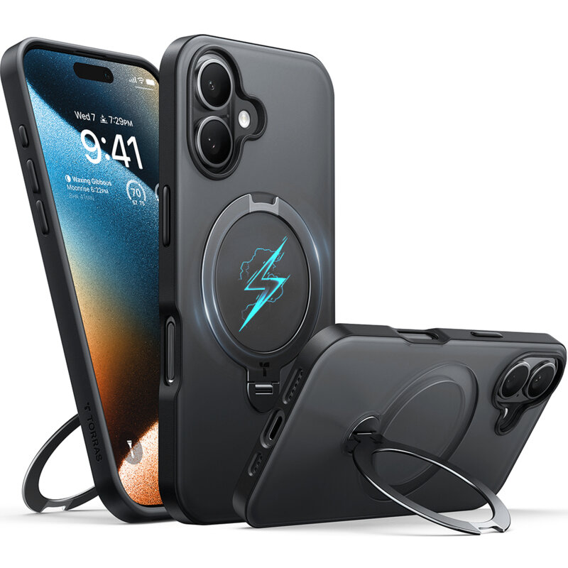Husa iPhone 16 Torras Ostand Spin Series, negru