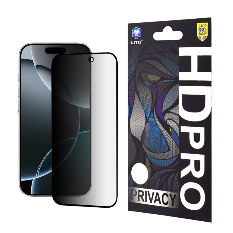 Folie sticla iPhone 16 Pro Lito HD Pro Privacy, negru
