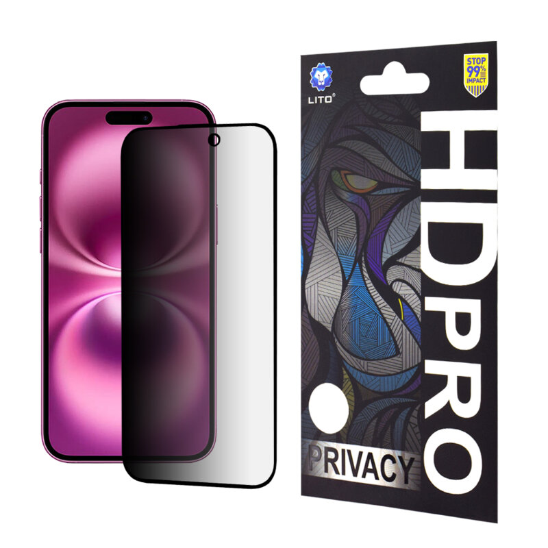 Folie sticla iPhone 16 Plus Lito HD Pro Privacy, negru