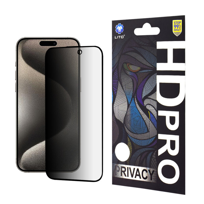 Folie sticla iPhone 15 Pro Max Lito HD Pro Privacy, negru