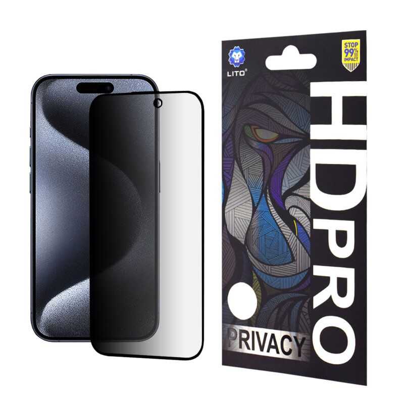 Folie sticla iPhone 15 Pro Lito HD Pro Privacy, negru