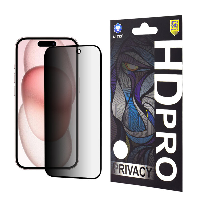 Folie sticla iPhone 15 Lito HD Pro Privacy, negru