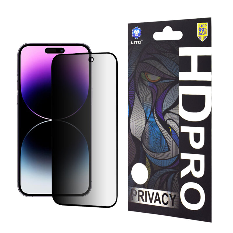 Folie sticla iPhone 14 Pro Max Lito HD Pro Privacy, negru