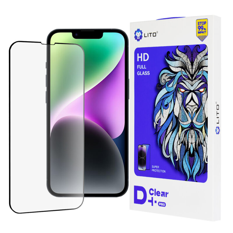 Folie sticla iPhone 14 Lito D+ Pro Clear, negru
