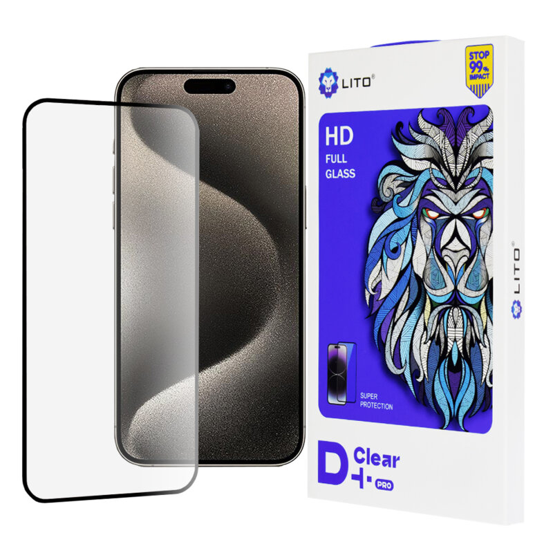Folie sticla iPhone 15 Pro Max Lito D+ Pro Clear, negru