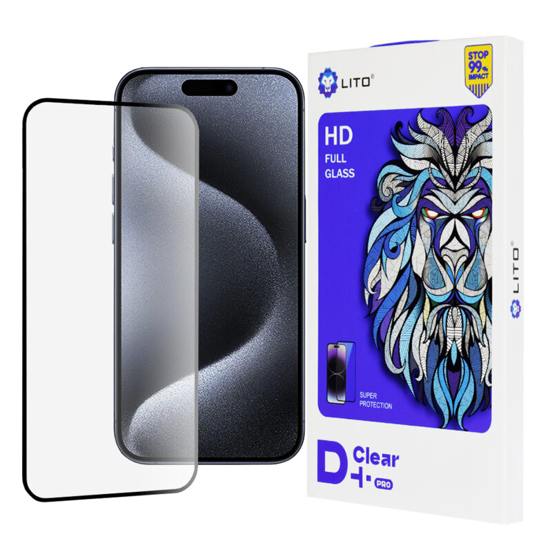 Folie sticla iPhone 15 Pro Lito D+ Pro Clear, negru