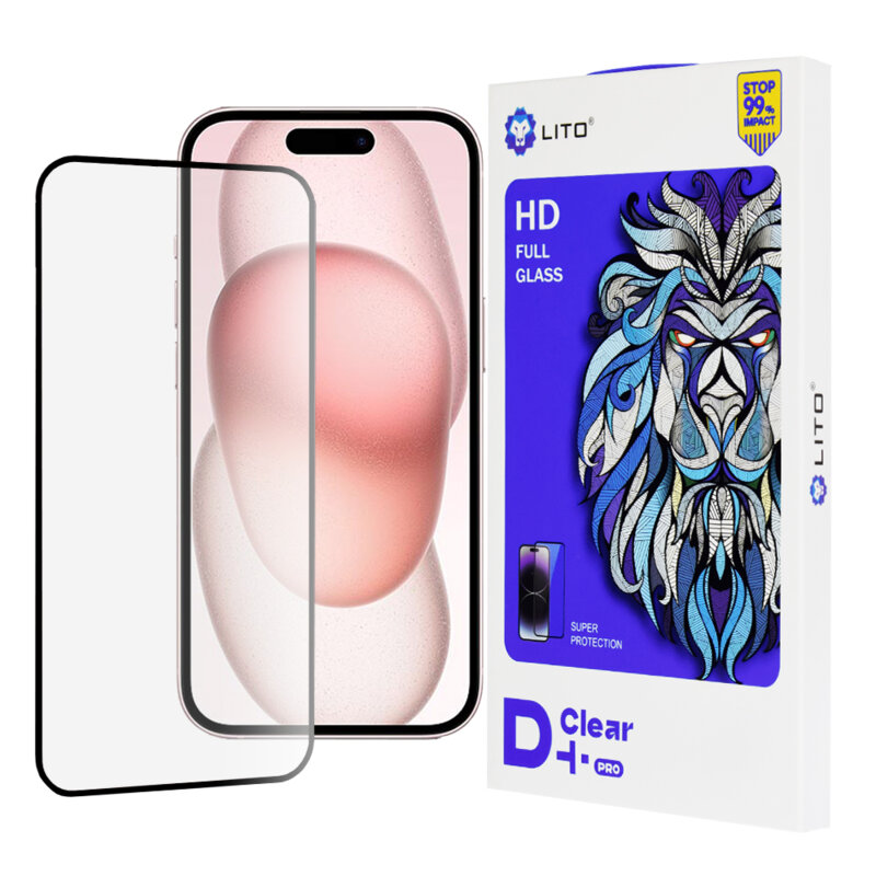 Folie sticla iPhone 15 Lito D+ Pro Clear, negru