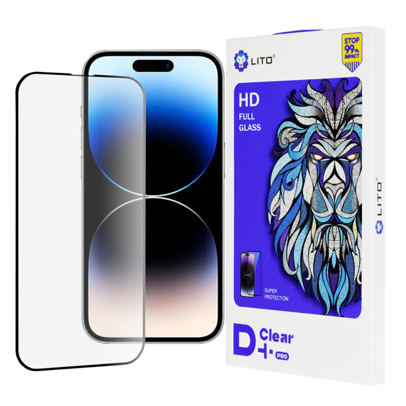 Folie sticla iPhone 14 Pro Lito D+ Pro Clear, negru
