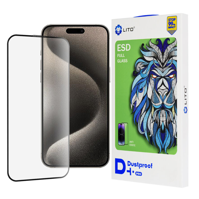 Folie sticla iPhone 15 Lito D+ Pro Dustproof, negru