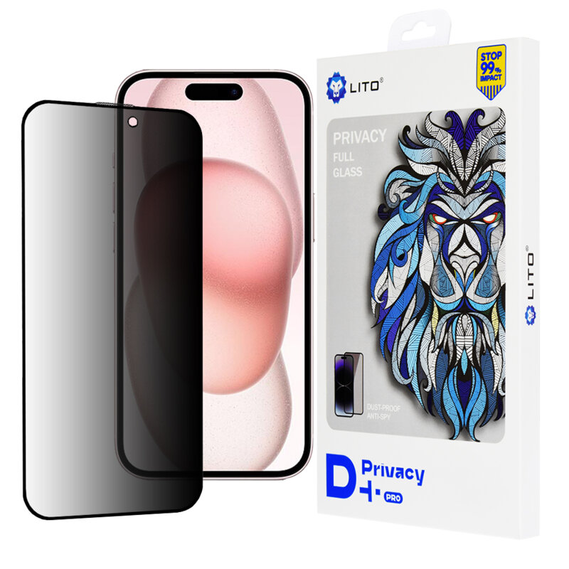 Folie sticla iPhone 15 Lito D+ Pro Privacy, negru