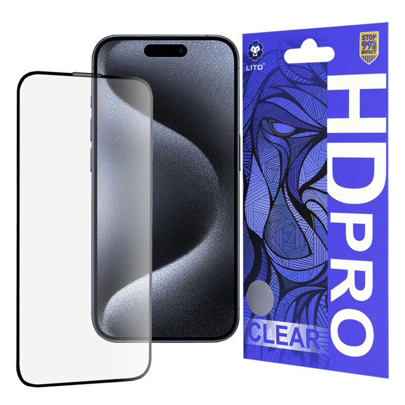 Folie sticla iPhone 15 Pro Lito HD Pro Clear, negru