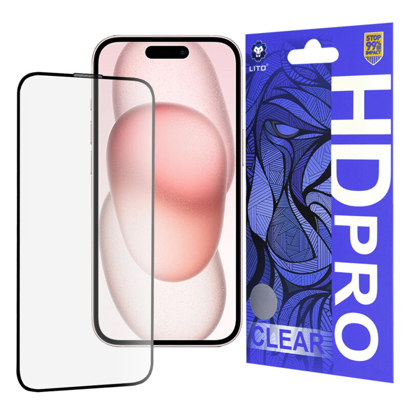 Folie sticla iPhone 15 Lito HD Pro Clear, negru