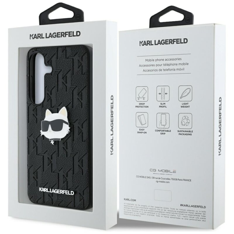 Husa Samsung Galaxy S25 Karl Lagerfeld Hardcase Monogram Leather, Choupette Head Pin, KLHCS25SPGKLCHPK