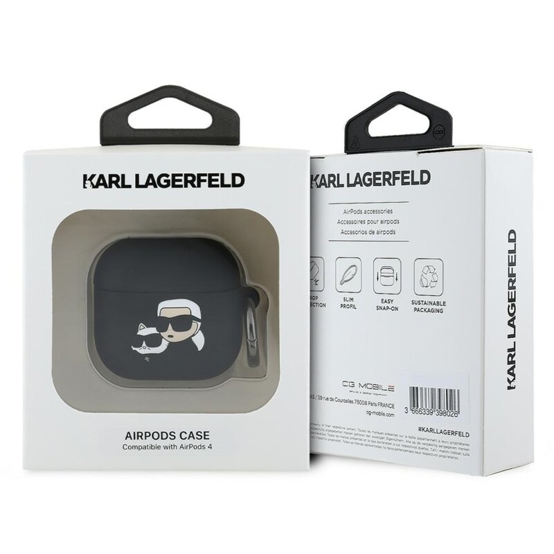 Husa Apple AirPods 4 Karl Lagerfeld Silicone Karl&Chaupette Head 3D, negru, KLA4RUNKCHK