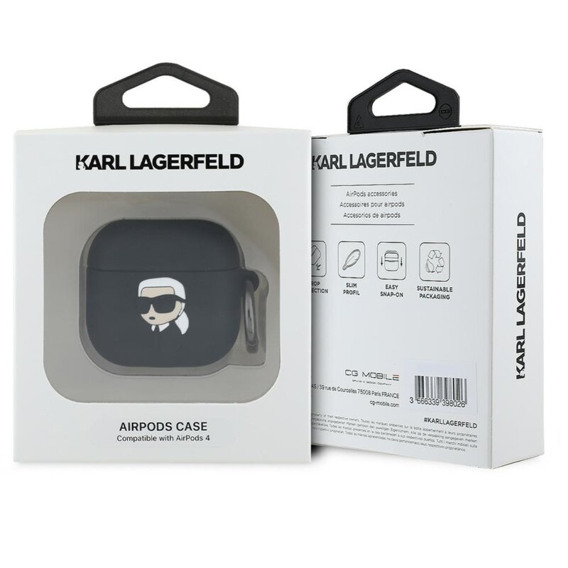 Husa Apple AirPods 4 Karl Lagerfeld Silicone Karl Head 3D, negru, KLA4RUNIKK