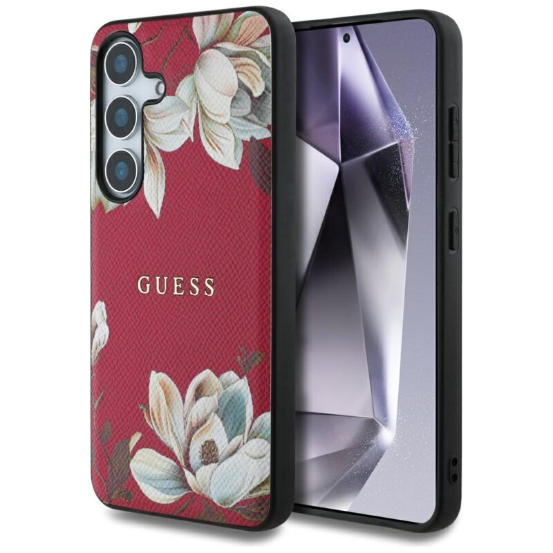 Husa Samsung Galaxy S25 Guess Grained Flowers MagSafe, fucsia, GUHMS25SPGNMPLMF