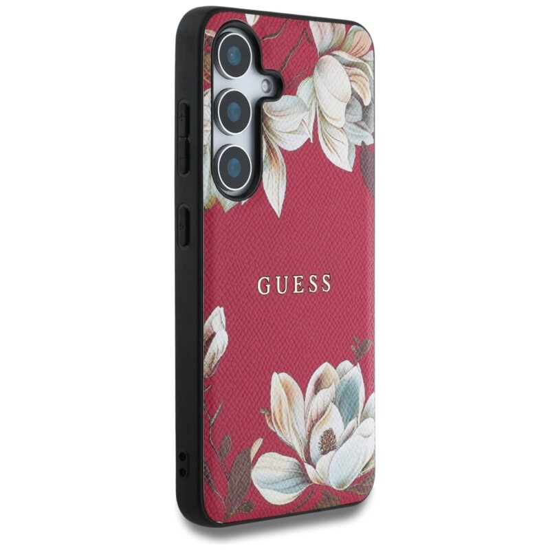Husa Samsung Galaxy S25 Guess Grained Flowers MagSafe, fucsia, GUHMS25SPGNMPLMF
