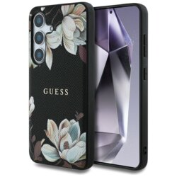 Husa Samsung Galaxy S25 Guess Grained Flowers MagSafe, negru, GUHMS25SPGNMPLMK
