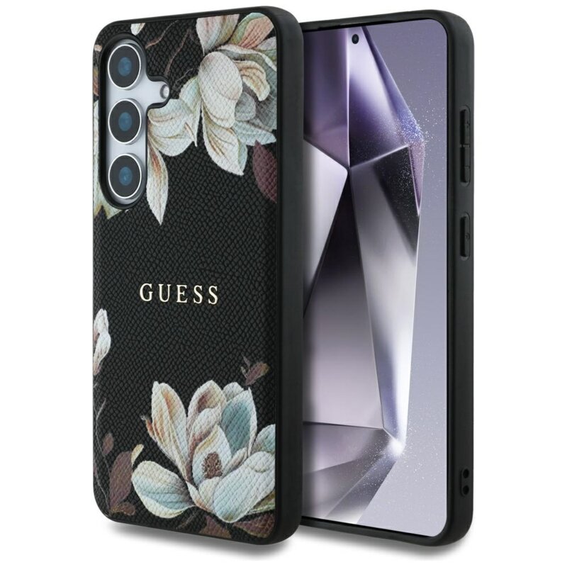 Husa Samsung Galaxy S25 Guess Grained Flowers MagSafe, negru, GUHMS25SPGNMPLMK