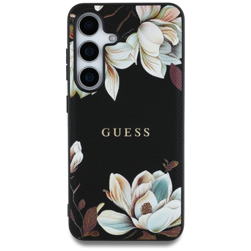 Husa Samsung Galaxy S25 Guess Grained Flowers MagSafe, negru, GUHMS25SPGNMPLMK