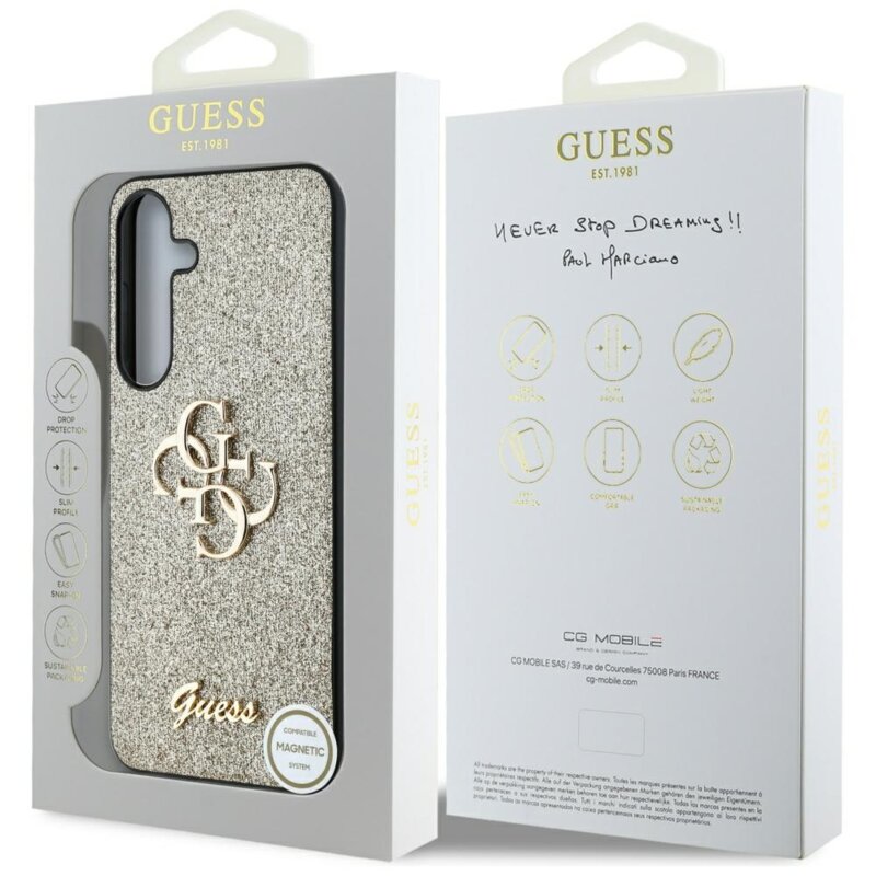 Husa Guess Glitter Script Big 4G Logo Samsung Galaxy S25 Plus cu sclipici, auriu, GUHCS25MHG4SGD