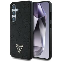 Husa Samsung Galaxy S25 Guess Peony Grained Hot Stamp Triangle Logo MagSafe, negru, GUHMS25SPGBTMK