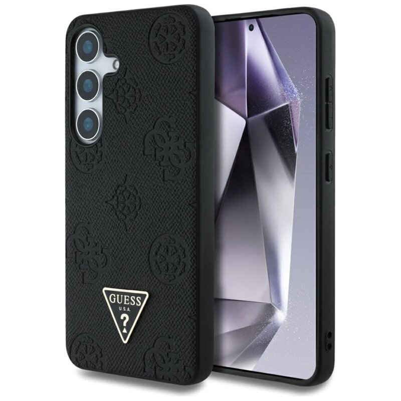 Husa Samsung Galaxy S25 Guess Peony Grained Hot Stamp Triangle Logo MagSafe, negru, GUHMS25SPGBTMK