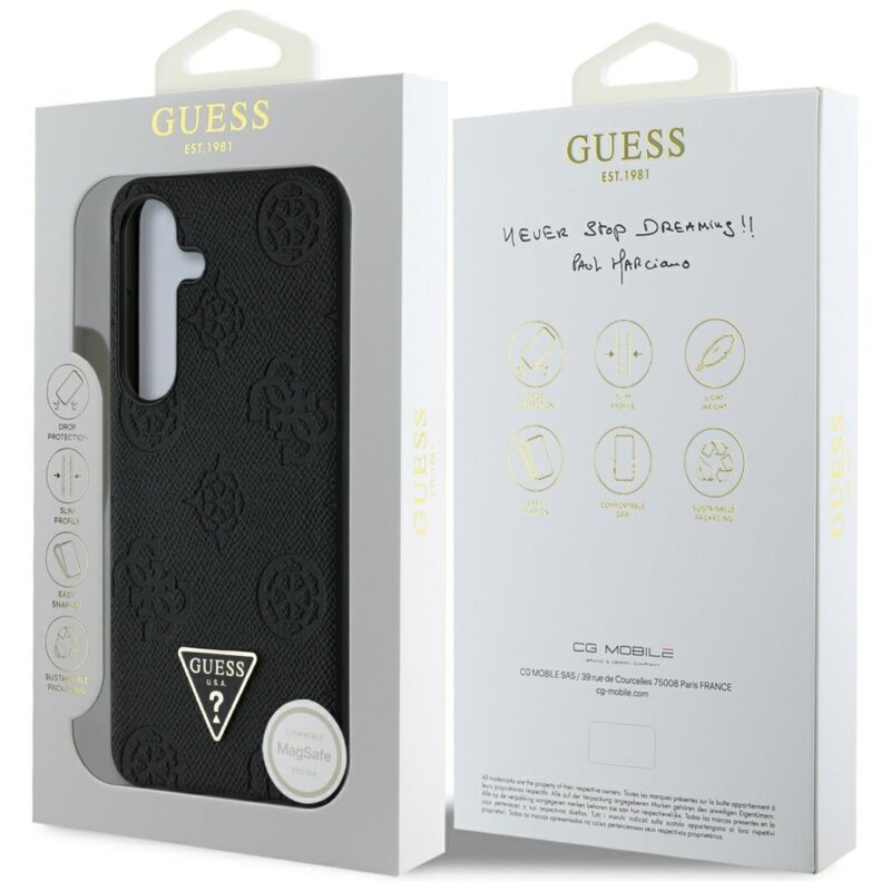 Husa Samsung Galaxy S25 Guess Peony Grained Hot Stamp Triangle Logo MagSafe, negru, GUHMS25SPGBTMK