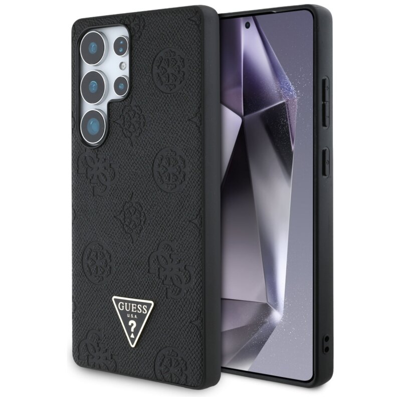 Husa Samsung Galaxy S25 Ultra Guess Peony Grained Hot Stamp Triangle Logo MagSafe, negru, GUHMS25LPGBTMK
