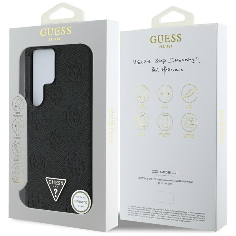 Husa Samsung Galaxy S25 Ultra Guess Peony Grained Hot Stamp Triangle Logo MagSafe, negru, GUHMS25LPGBTMK