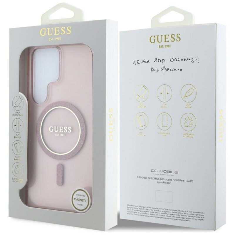 Husa Samsung Galaxy S25 Ultra originala Guess IML Glitter Circle MagSafe, roz, GUHMS25LHFGEREP
