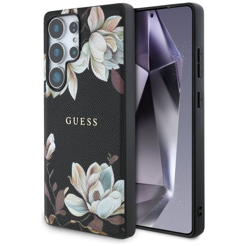Husa Samsung Galaxy S25 Ultra Guess Grained Flowers MagSafe, negru, GUHMS25LPGNMPLMK